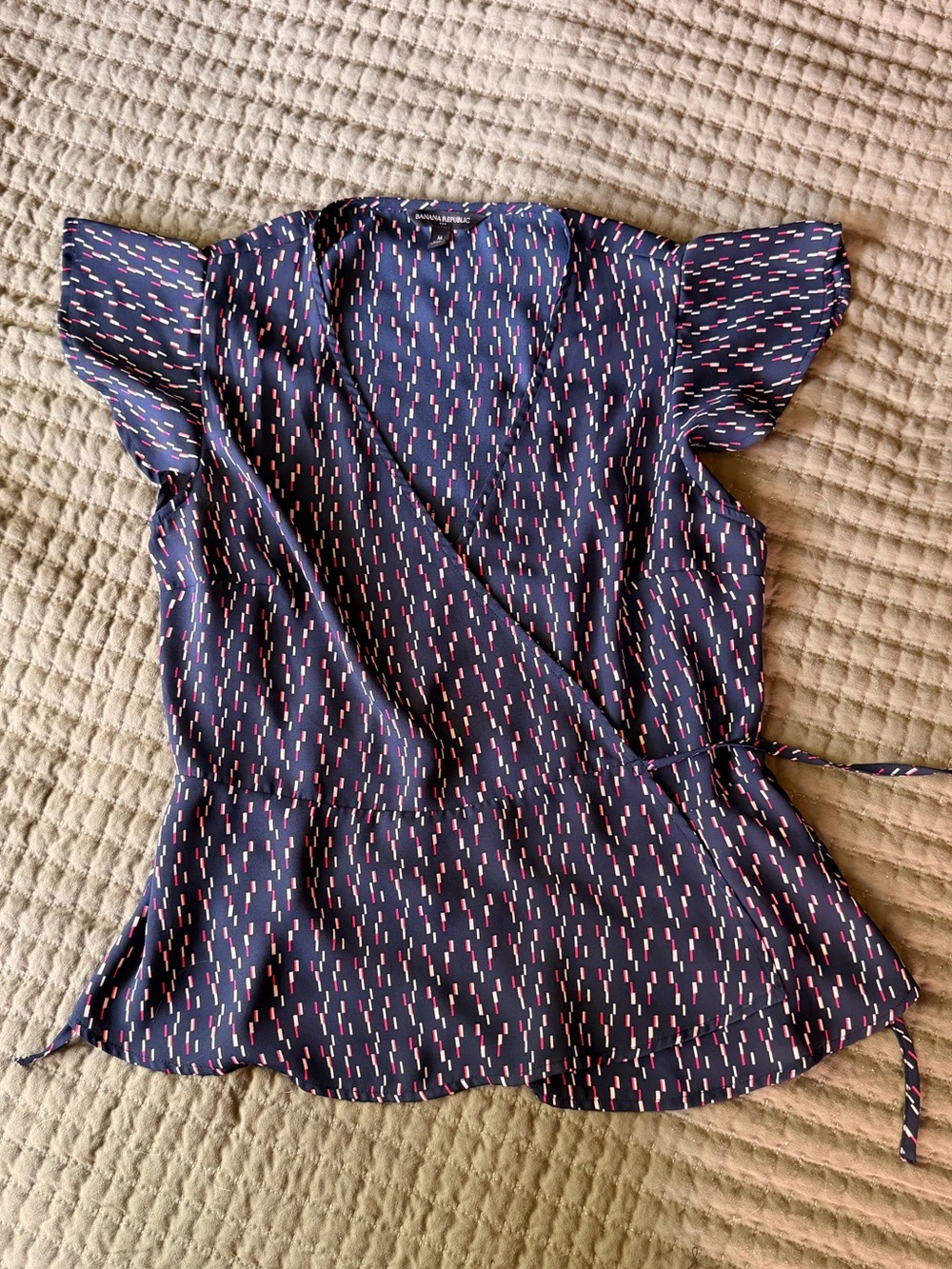 Banana Republic Navy Wrap Blouse with Pink and White Dash Print